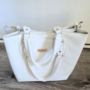 BCBG Zippered Shorter Shoulder & Long Strap Crossbody Ivory Pebbled Leather Tote